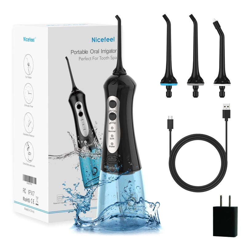 Cordless Water Flosser Teeth Cleaner Nicefeel 300ML Portable and Rechargeable Oral Irrigator for Travel IPX7 Waterproof 3Mode Water Flossing with 4 Jet Tips for Family